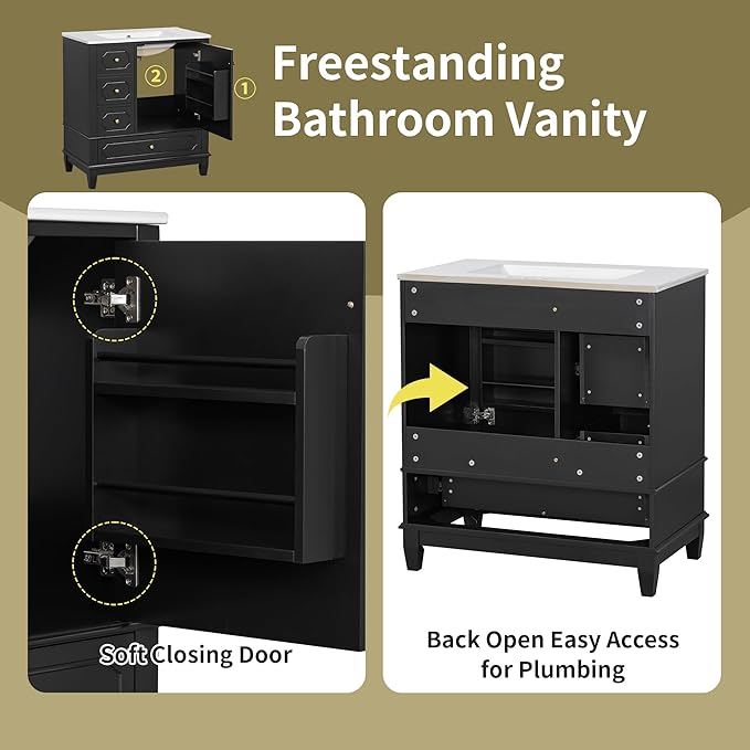 Bathroom Vanity with Ceramic Sink 30 inch, Multi-Functional Storage Cabinet with Drawers and Door Shelf, Solid Wood Frame, Soft-Closing Door, Black