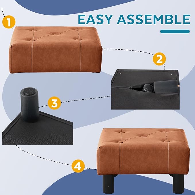 Small Foot Stool Ottoman, Faux Leather Footstool Ottoman Foot Rest for Couch, Rectangle Footstools and Ottomans Small for Living Room, Entryway and Bedroom (Bright Brown)