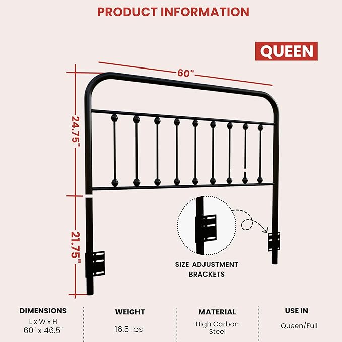 Vintage Metal Headboards, Adjustable Height Iron Frame, Farmhouse Rustic Style, Elegant and Durable Design, Easy Assembly, Universal Fit for Kids & Adults, Queen Size, Black Finish