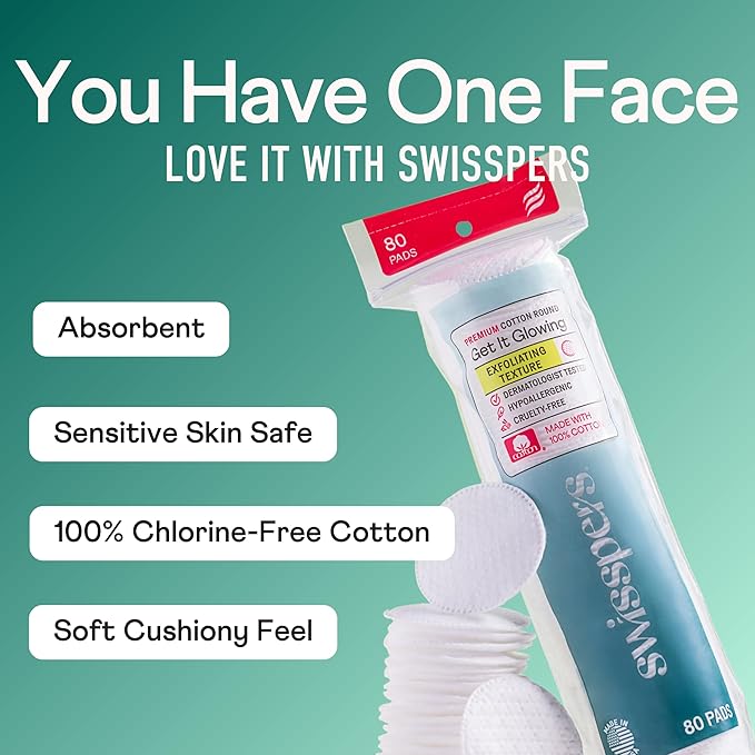 Swisspers Premium Exfoliating Cotton Rounds – 80 Count (Pack of 3) – 100% Pure Cotton, Dual-Sided Surface Pads for Gentle Exfoliation, Optimal Cleansing and Makeup Removal