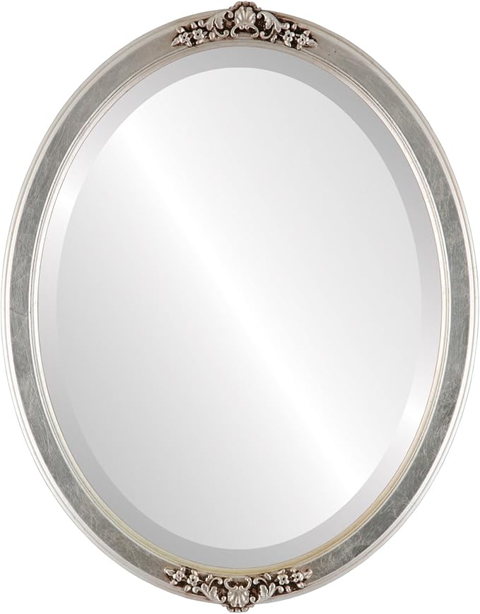 OVALCREST Oval Beveled Wall Mirror for Home Decor - Athena Style - Silver Leaf with Brown Antique - 18" x 14" Outside Dimensions