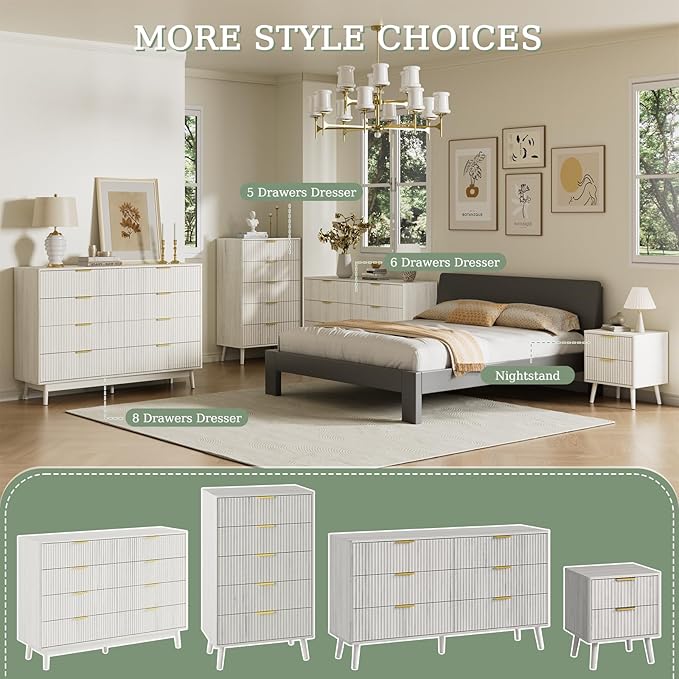 LYNSOM Fluted Dresser and Nightstand Set, 3 Pieces Bedroom Set, 55 Inch Wide 6-Drawer Dresser & 2-Drawer Nightstands Set of 2, Modern Dressers Set for Bedroom, Hallway, White
