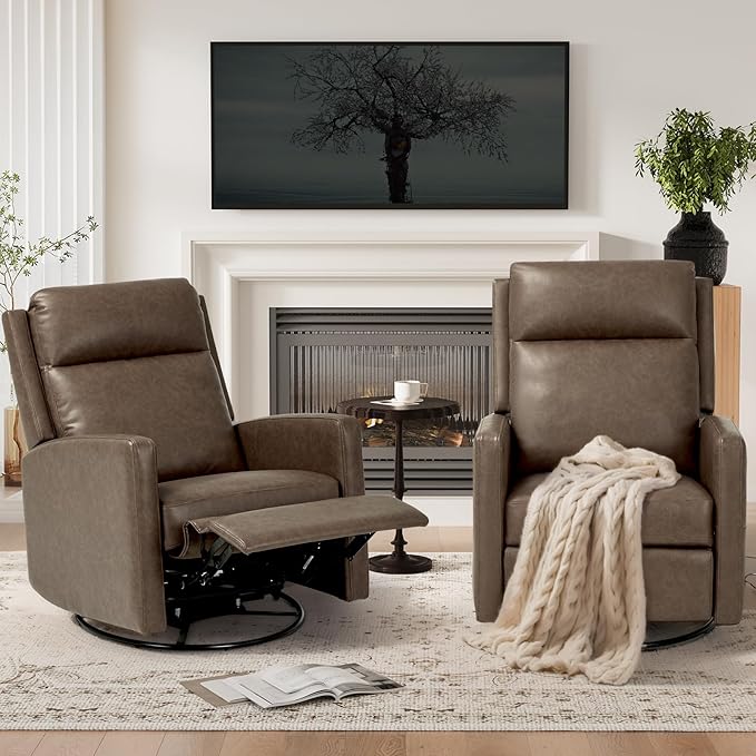 COLAMY Recliner Chair, PU Leather 360° Swivel Rocker Recliner, Nursery Glider Recliner with Ergonomic High Backrest and Upholstered Deep Seat for Living Room, Bedroom, Color Brown