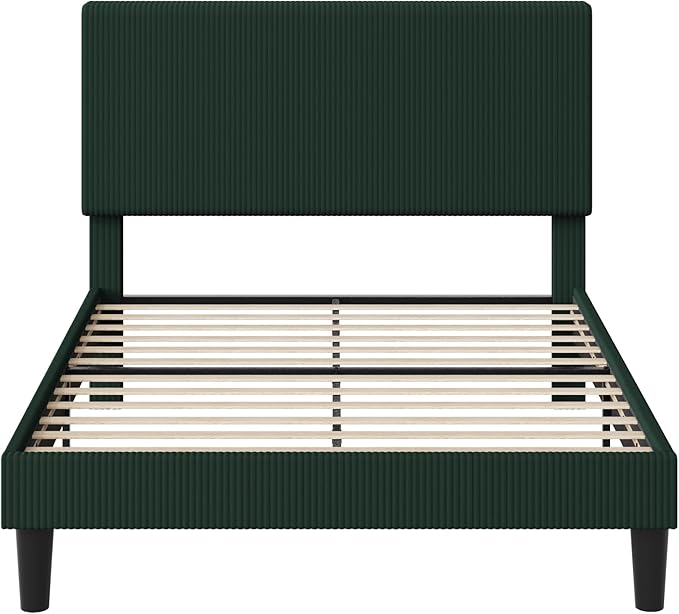 Allewie Queen Size Upholstered Bed Frame with Vertical Channel Tufted Headboard, Soft Corduroy Fabric Platform Bed, Strong Wooden Slats Support, Easy Assembly, No Box Spring Needed, Dark Green