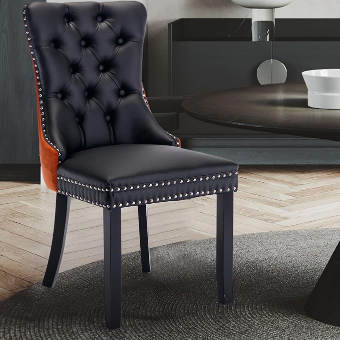 PU Upholstered Dining Chairs Set of 6, Modern Style Kitchen Side Chairs with Nailhead Trim and Wood Leg, Metal Pulling Ring for Dining Room Living Room(Black&Orange,Set of 6)