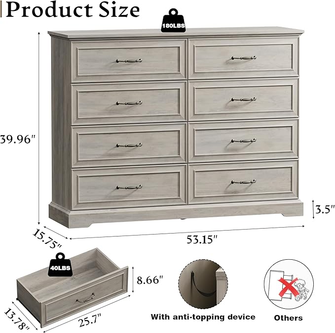 Farmhouse 8 Drawers Dresser for Bedroom, 54" Wide Modern Chest of Drawers with Deep Drawers & Bar Handles, Rustic Wood Dresser TV Stand, Wooden Closet Storage Organizer for Living Room, Hallway, Grey