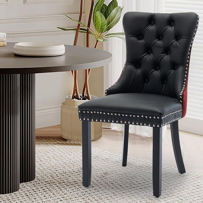 Leather Upholstered Dining Chairs Set of 8, Modern Style Kitchen Side Chairs with Nailhead Trim and Wood Leg, Metal Pulling Ring for Dining Room Living Room(Black&Wine Red)