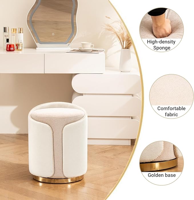 Swivel Vanity Stool with Gold Base Comfy Vanity Chair Modern Round Stool for Makeup Vanity Ottoman Foot Rest for Bedroom livingroom (Beige)