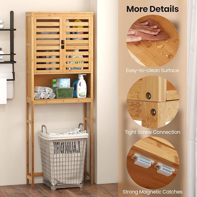 Giantex Over The Toilet Storage Cabinet, 4-Tier Bamboo Bathroom Space Saver with 2 Louver Doors, Open Shelf, Adjustable Bottom Bar, Over Toilet Bathroom Organizer for Laundry, Balcony, Restroom
