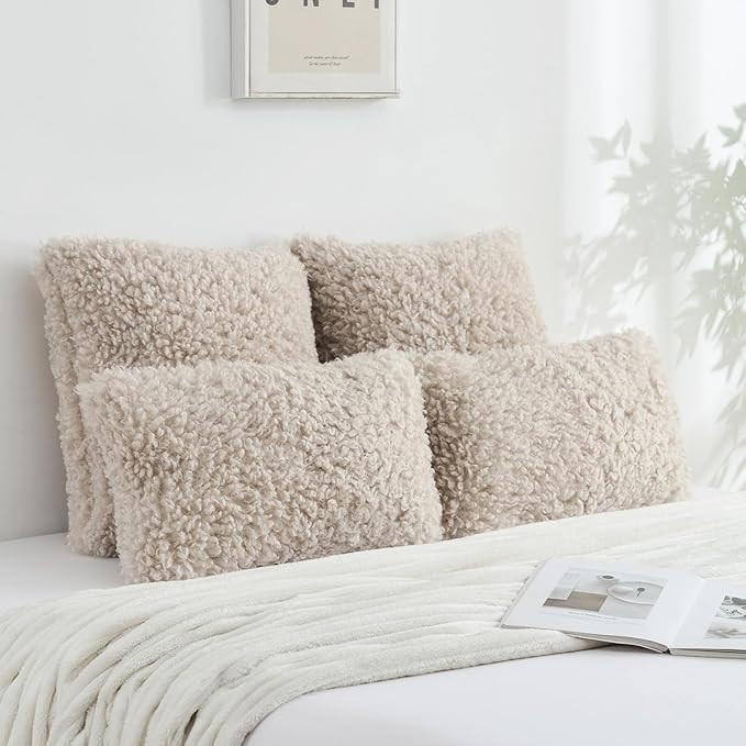 FUTEI Beige Decorative Throw Pillow Covers 20x20 Inch Set of 2,Soft Fluffy Faux Wool Fur Boucle Textured Cushion Case,Modern Home Decor for Couch Bed Living Room Office