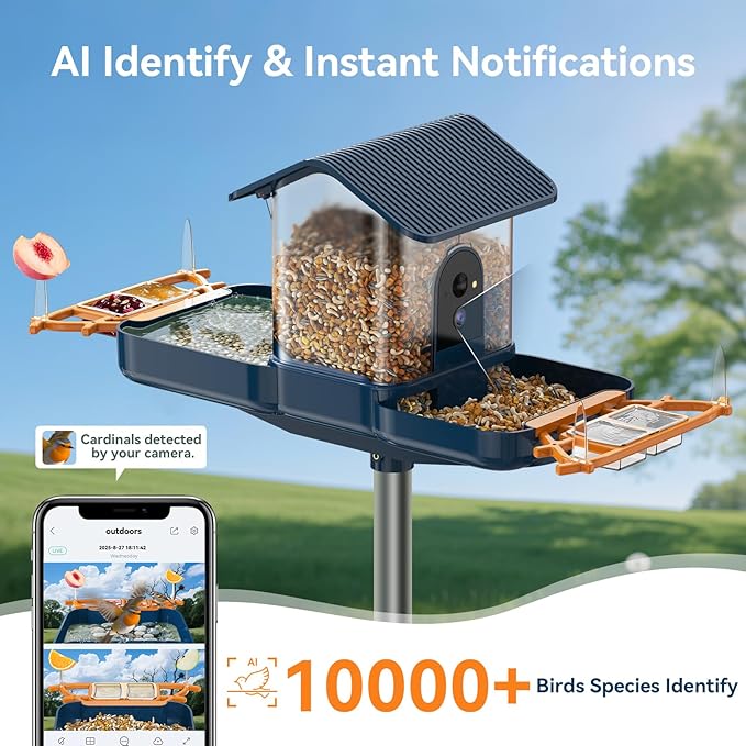 Dual-Lens Bird Feeder with Camera & Bird Bath Combo, Watch Birds Eat & Bathe with WiFi 2K HD Video, Auto Record, AI Recognition, APP Alerts, Solar Powered, for Backyard Garden Porch Fence Decor