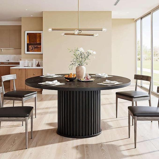 Tribesigns Round Dining Table for 4-6, 47-Inch Modern Circle Kitchen Table with Fluted Round Base, Farmhouse Wood Dinner Table for Dining Room, Kitchen, Living Room, Black