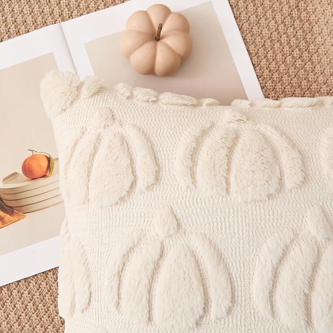 Kevin Textile Fall Pillow Covers 16x16 Inch Set of 2 Soft Pumpkins Decorative Square Pillowcases Plush Autumn Faux Fur Cushions Harvest Gift for Couch Sofa Chair Bedroom Home Decor, Beige