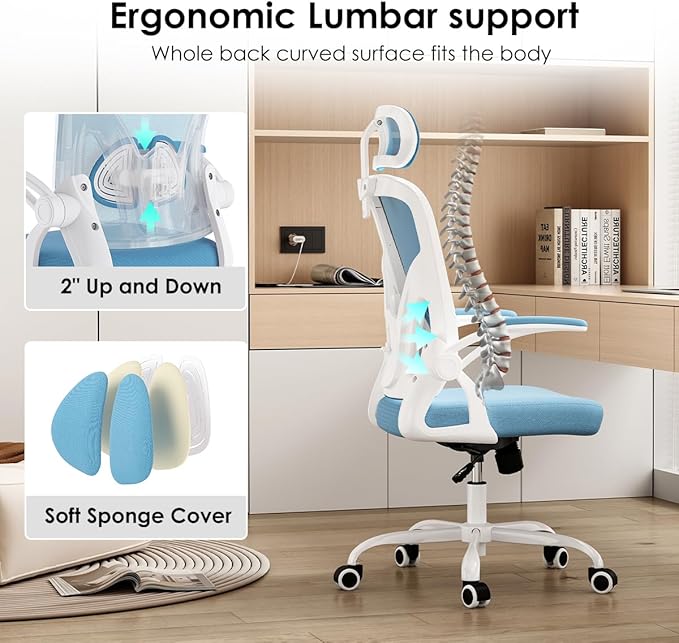 Farini Ergonomic Office Chair, Home Office Desk Chair with Headrest, High Back Computer Chair with Armrests and Adjustable Lumbar Support for Home Office Study Room, White & Blue