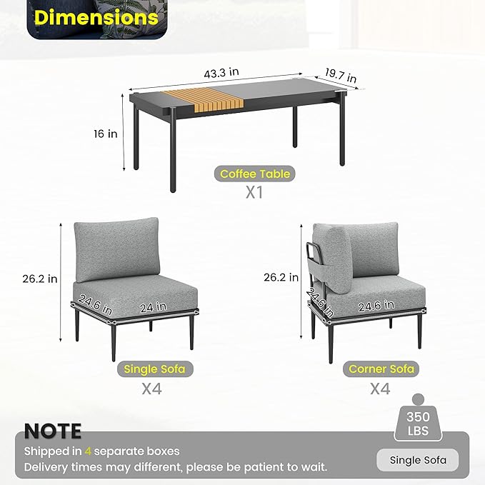 Sundale Outdoor 9 Pieces Patio Furniture Set, U-Shaped Outdoor Sectional Sofa with 6 Inch Olefin Cushion and Coffee Table, Modern Metal Outdoor Conversation Sets (8 Seats, Grey Frame)