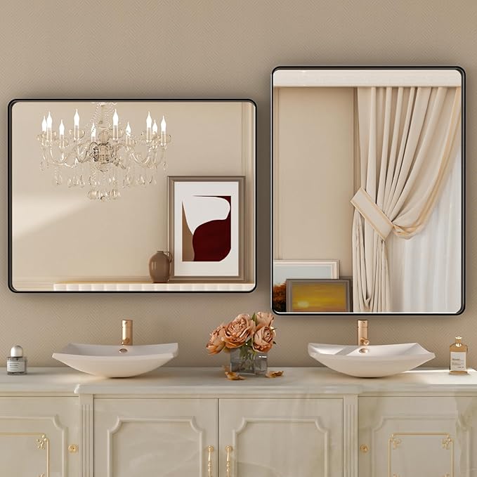 Black Wall Mirror for Bathroom 30x36 Inch,Matte Black Metal Framed Vanity Mirror,Tempered Glass,Anti-Rust,Horizontal or Vertical