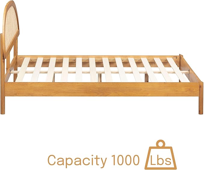 NTC Gem Wooden Bed Frame with Headboard and Natural Rattan, Solid Oak/Rubber Wood Foundation with Silent Slats, 1000 Lb Capacity, Effortless Assembly (Natural Cane - Rustic Oak, Queen)