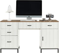 55" Executive Desk, Modern Wood Office Table with Charging Station, 5 File Drawer & 1 Storage Cabinet, Home Computer Writing Desk for Work Study, Living Room, Bedroom (White)