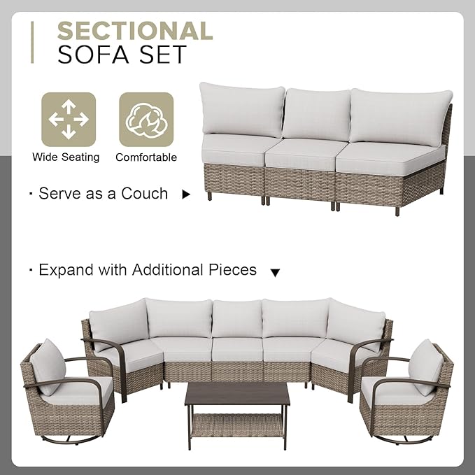 COOS BAY Aurora Terrace Half-Moon Outdoor Furniture Set, Rattan Conversation Set with Swivel Rockers, Curved 5-Seat Sofa, Coffee Table & Side Table, Seats 7, Beige/Beige
