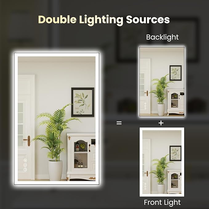 WTTY 24"X36" LED Bathroom Mirror with Black Frame, Bathroom Vanity Mirror with Lights for Wall, Front Light and Backlit, Anti-Fog, Dimmable, 3 Colors, Shatterproof, Memory, Horizontal/Vertical