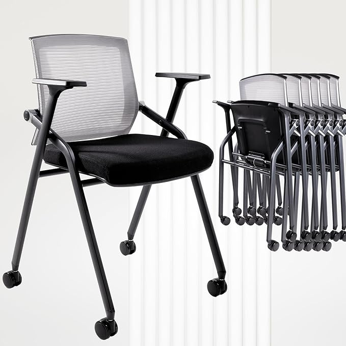 Conference Room Chairs, Folding Office Desk Chair with Lumbar Support and Sliding Armrest, Stackable Office Guest Chairs & Reception Chairs(12 Pack)