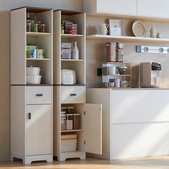 Tall Modern Bathroom Cabinet, 68.5" H Storage Cabinet with Fluted Wave Door, Drawer, Adjustable Shelves, Narrow Cabinet for Kitchen, Living Room, Entryway, White