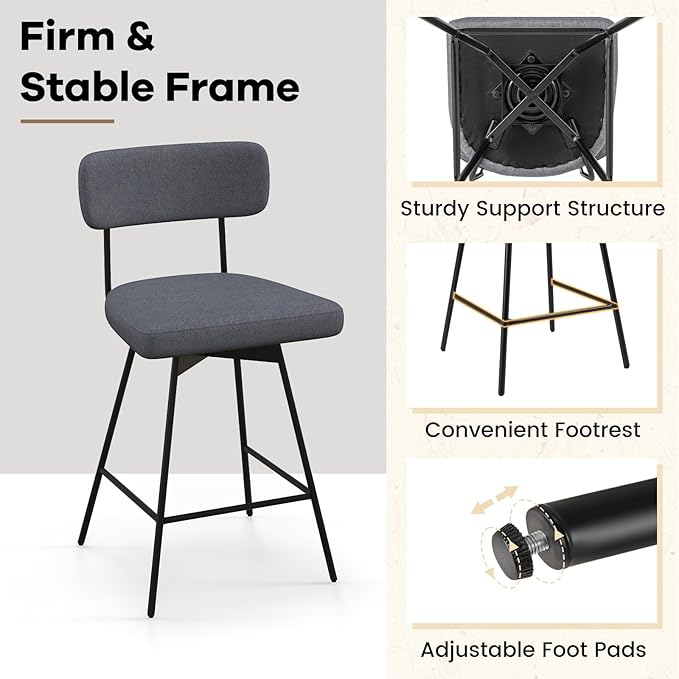 COSTWAY Bar Stools Set of 4, 25” Upholstered Counter Height Bar Stools with Back, 360° Swivel Dining Chairs with Heavy-Duty Metal Legs and Footrests, for Kitchen Island, Dining Room, Bar (4, Grey)