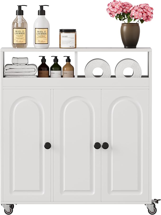 Bathroom Storage Cart with Doors，3-Door Cabinet & Divided Open Shelf，Rolling Organizer Cart for Bathroom, Toilet，White (1)