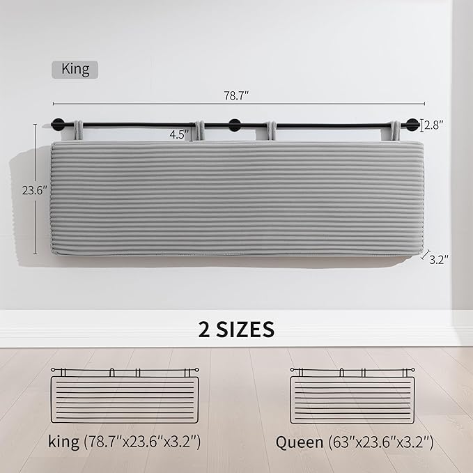 UEV King Headboard Only, Wall Mounted Hanging Upholstered Bed Head Board, Modern Vertical Channel Design of Fine Flannel, Elegant Grey Fluted Headboard for Bedroom (Grey, King Size)