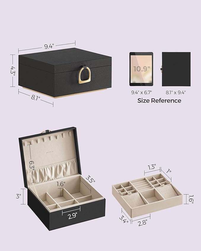 SONGMICS 2-Layer Jewelry Box, Jewelry Organizer with Handle, Removable Jewelry Tray, Jewelry Storage, Floating Effect, 8.1 x 9.4 x 4.3 Inches, Christmas Gift, Black UJBC165B01