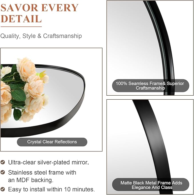 ANDY STAR 24"x36" Black Bathroom Mirror, Irregular Wall Mirror in Stainless Steel Metal Frame, Modern Matte Black Finish with Curved Edge Design, Wall-Mount Vertically or Horizontally