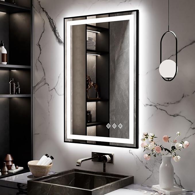 LED Mirror for Bathroom, 24x36 Inch Black Framed Gradient Front and Backlit LED Bathroom Mirror, 3 Colors Dimmable CRI>90, IP54 Enhanced Anti-Fog Bathroom Mirror with Lights