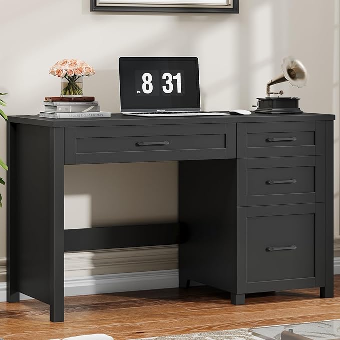 Vabches Farmhouse 47" Executive Desk, Computer Desk with File Drawer and Charging Station, Workstation for Home Office, Study,Pure Black.