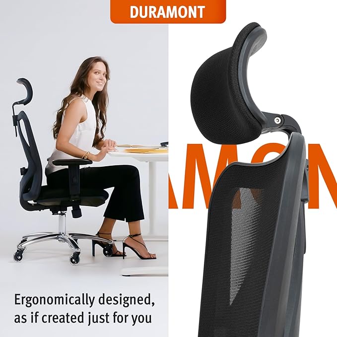 Duramont Ergonomic Office Chair - Adjustable Desk Chair with Lumbar Support and Rollerblade Wheels - High Back Chairs with Breathable Mesh - Thick Seat Cushion, Head, and Arm Rests - Reclines