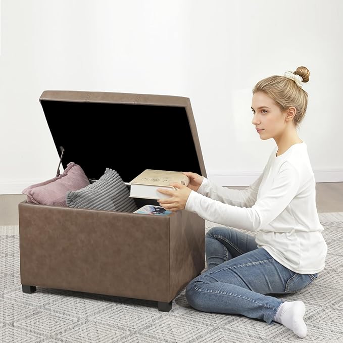 Asense Storage Ottoman Bench,Foot Stool Ottoman with Storage, Faux Leather Foot Rest Seat with Safety Hinge,Wood Legs Stool for Living Room, Bedroom,Enterway,Brown
