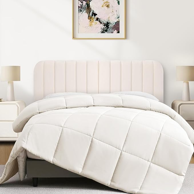 Upholstered Headboard - Striped Interval - Adjustable Height - Metal Legs - Bed Frame (Beige, Queen (U.S. Standard))
