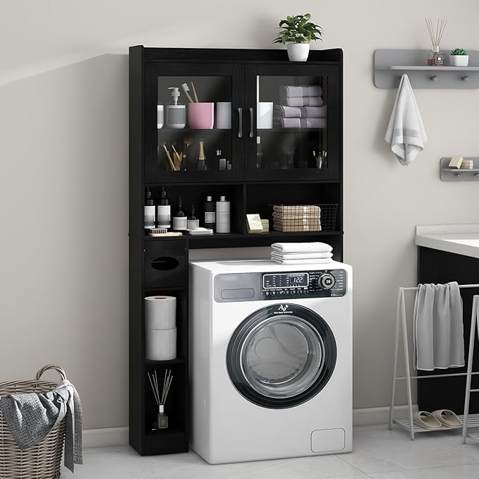 Over-The-Toilet Storage Cabinet, Farmhouse Style with 2 Acrylic Waves Doors, Space-Saving Home Storage Rack for Restroom, Bathroom and Laundry Room.Black.