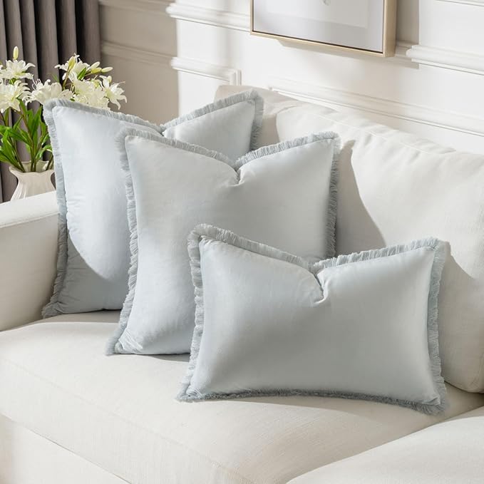 FUTEI Light Blue Velvet Decorative Throw Pillow Covers 26x26 Set of 2,Soft Cozy Edge with Tassels Euro Pillow Shams,Boho Modern Home Decor for Couch Bed Living Room