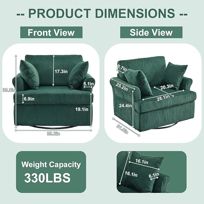 Karl home 39" Swivel Accent Chair,Oversized Seat Armchair W/2 Pillows and 4 Pockets,Modern Upholstered Corduroy Barrel Chairs,Comfy Single Sofa for Living Room,Reading,Bedroom and Office-Dark Green
