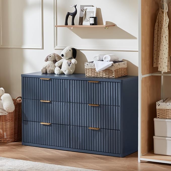 LEYAOYAO Fluted 6 Drawers Dresser, 48" Wide Modern Chest of Drawers with Wood Grain Top, Curved Profile Design, Dresser TV Stand, Wood Drawer Organizer for Bedroom, Living Room, Hallway,Blue