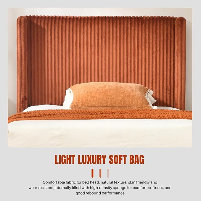 PINJU Twin Size Bed Frame, Upholstered Platform Bed with Modern Vertical Striped Wingback Headboard with Wooden Slats, Easy to Assemble No Noise Free (OCHER, Twin)