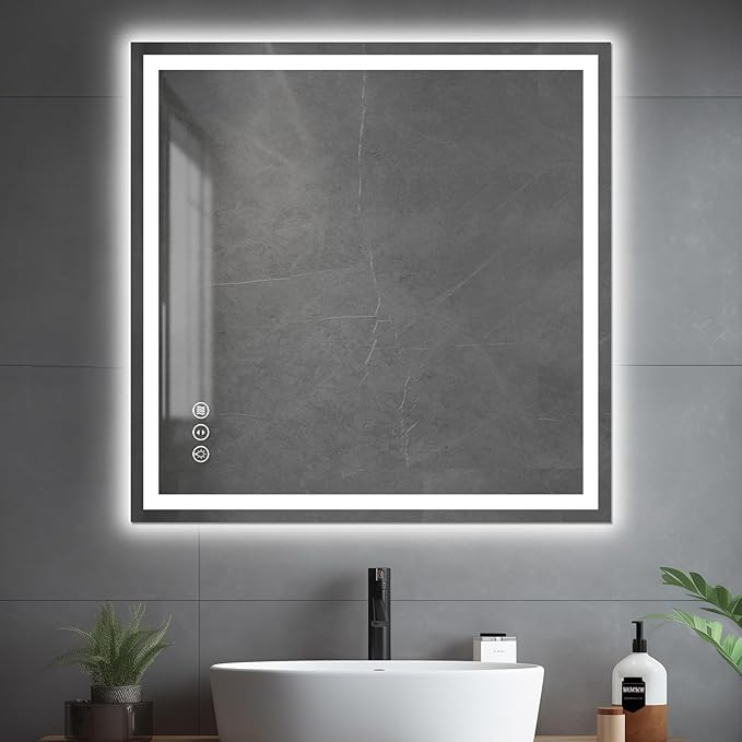 Awoco 36''x36'' LED Bathroom Mirror with Light, Lighted Vanity Mirror with Backlit and Front Light, Dimmable Anti-Fog Memory Function Lighted Mirror with 3 Colors for Bathroom Wall