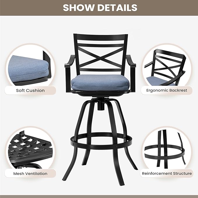 Pellebant 30" Sunbrella Outdoor Bar Stools Set of 2, Aluminum Swivel Patio Bar Height Bar Stools with Back & Footrest, for Deck Lawn Garden(Spectrum Denim)