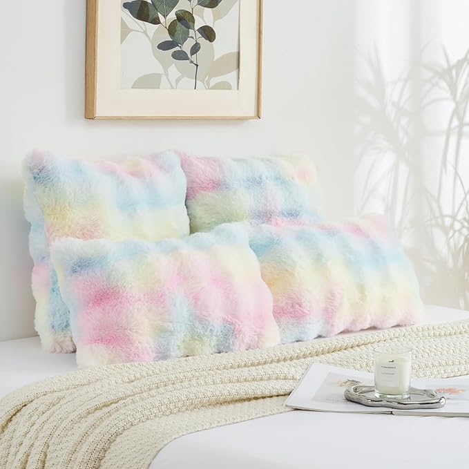 FUTEI Rainbow Decorative Throw Pillow Covers 22x22 Inch Set of 2,Soft Fuzzy Faux Rabbit Fur Cushion Covers with Raised Texture,Neutral Boho Home Decor for Couch Bed Living Room