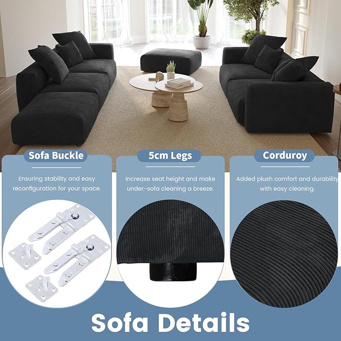 WJShome Cloud Couch Modular Sectional Sofa,141.73" U Shaped Sofa with 2 Ottomans,Black Corduroy Couch 5 Seater,Convertible Sectional Sofa for Living Room,Cushion Covers Removable& Washable