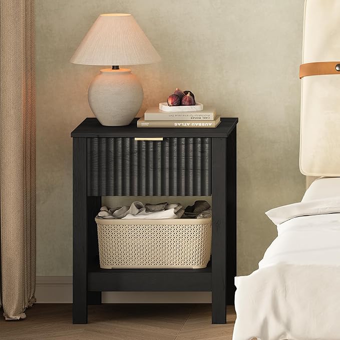 Fluted Night Stand with Golden Handle,Mid-Century Nightstands with Drawer,Modern Bedside Table with Storage Shelf,Large End Tables for Livingroom,Bed Side Tables for Bedroom,Black Wood Grain