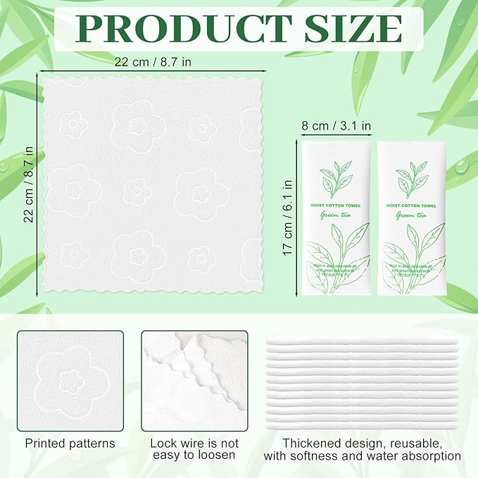 Moist Cotton Towel Bulk Moist Towelettes Individually Wrapped,White Towel Services,Refreshment Pre Moistened Towels for Dentist Travel Sport Party Hotel 200，Green tea