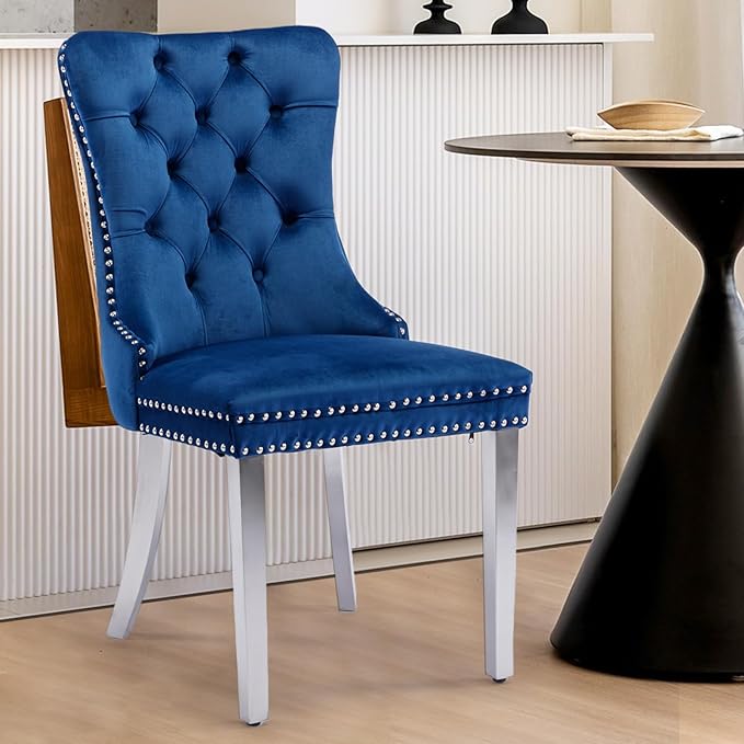 Velvet Upholstered Dining Chairs Set of 4, Modern Style Kitchen Side Chairs with Nailhead Trim and Silver Plated Leg, Metal Pulling Ring for Dining Room Living Room