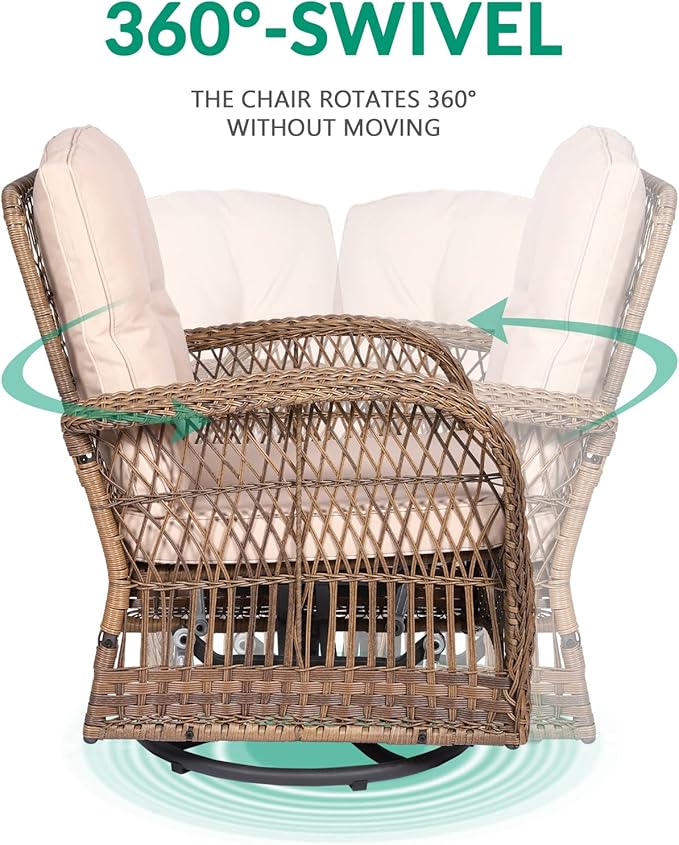 VIVIJASON 7-Piece Outdoor Patio Wicker Conversation Sets, All Weather Outdoor Rattan Furniture Set Includes Glider Loveseat, 2 Rocking Chairs, 2 Swivel-Gliders Chairs, 2 Coffee Table, Light Brown