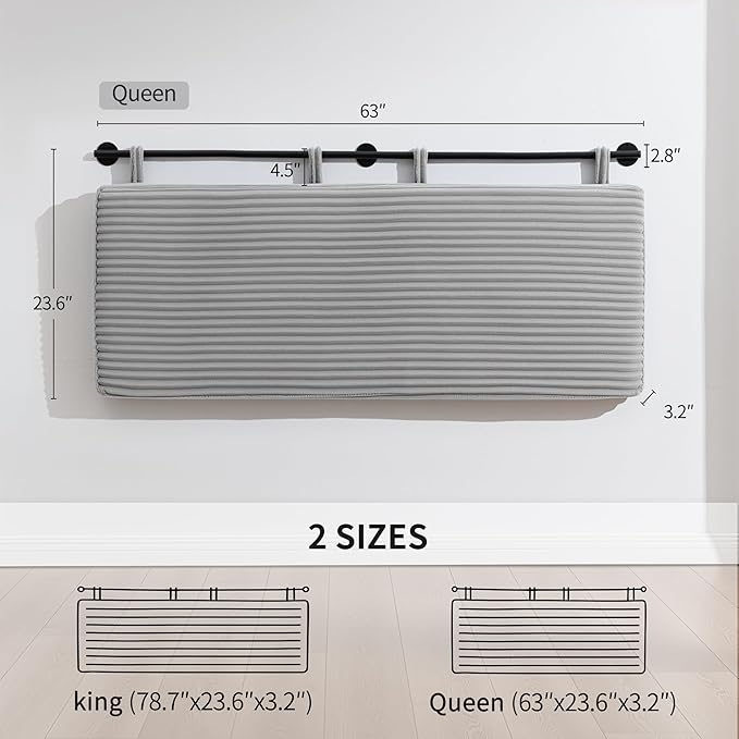 UEV Queen Headboard Only, Wall Mounted Hanging Upholstered Bed Head Board, Modern Vertical Channel Design of Fine Flannel, Elegant Grey Fluted Headboard for Bedroom (Grey, Queen Size)